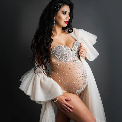 Elegant Maternity Jumpsuit with V Neck, Rhinestones, and Pearls - Perfect for Pregnancy Photo Shoots.