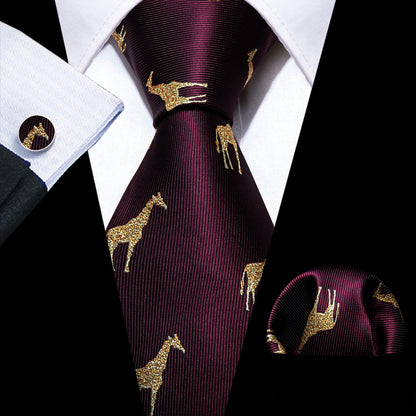 Men's Navy Gold Dinosaur Pattern Necktie Set | 8.5cm Silk Tie for Wedding & Business | Barry.Wang FA-5191 FA-5895