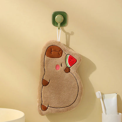 Cute Capybara Cartoon Hand Towel – Quick-Drying Coral Fleece Hanging Towel for Kitchen & Bathroom, Soft Face Washcloth Watermelon