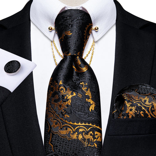 Luxury Black Gold Paisley Silk Ties For Men 8cm Men's Wedding Neck Tie Pocket Square Cufflinks Set Collar Pin Men's Gift 7313-CP2001