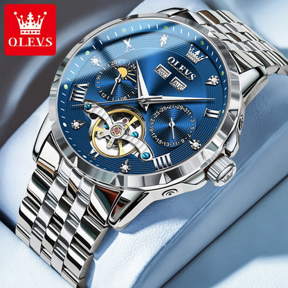 OLEVS 6691 Men's Luxury Automatic Mechanical Watch | Multi-Function Flywheel & Moon Phase | 3Bar Waterproof Silver Blue United States