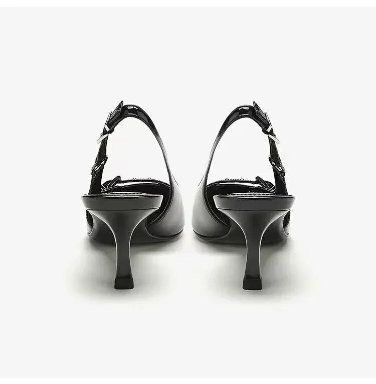 2024 Black Pointy Kitten Heel Sandals with Buckle - JAYHW Summer Collection