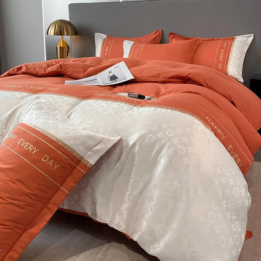 Luxury Jacquard Duvet Set with Pillowcases, 3/4 Pieces Orange