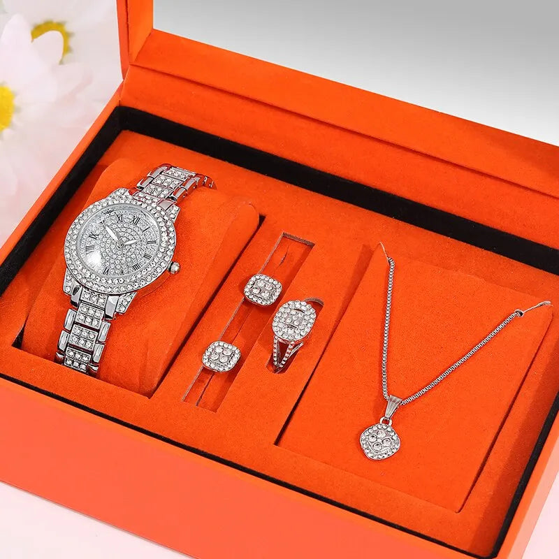 5-Piece Women’s Jewelry Watch Set | Elegant Analog Wristwatch & Bracelet Gift for Her | Simple & Casual Design