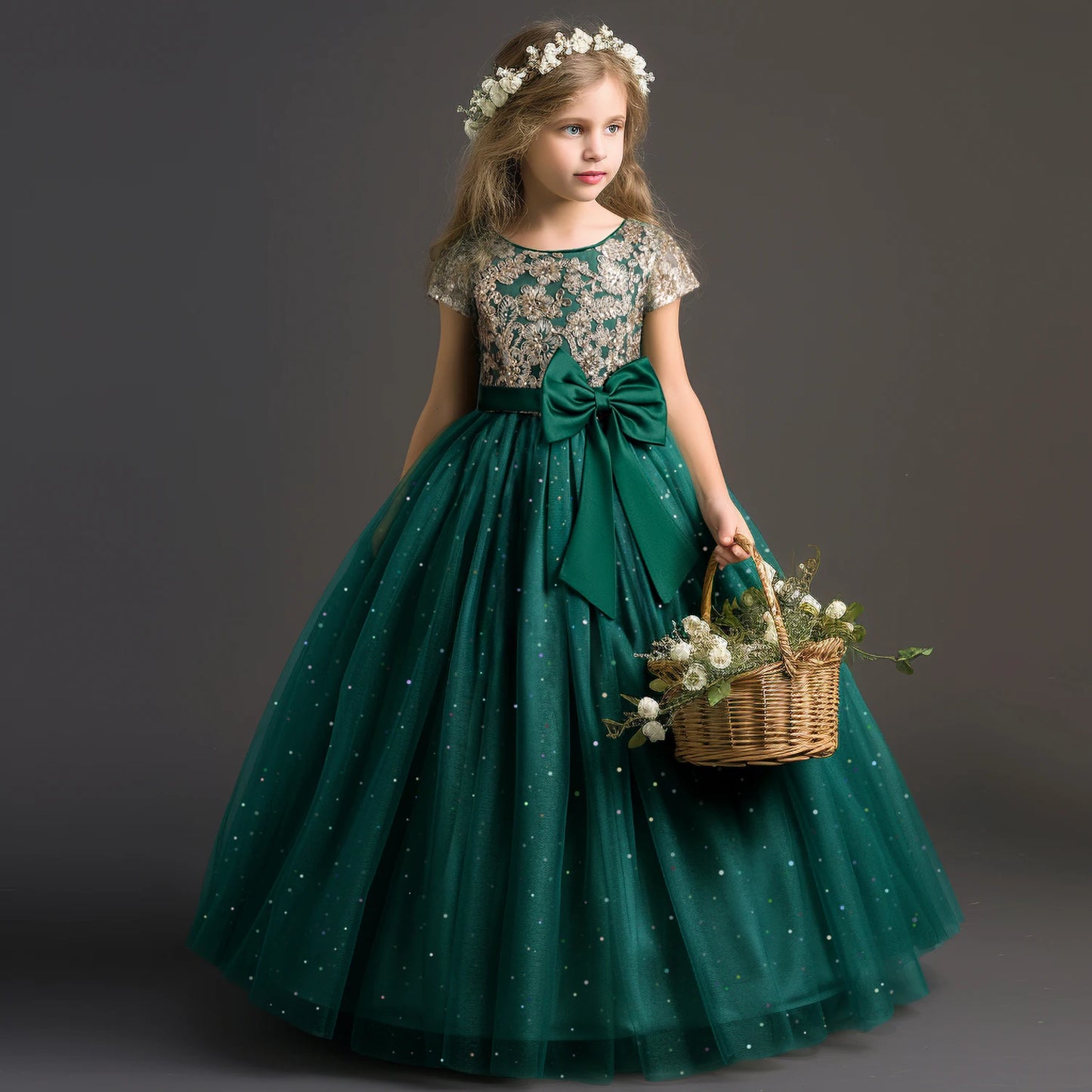 Elegant White Flower Girl Bridesmaid Dress for Girls | Mid-Calf Kids Party & Communion Ball Gown Green