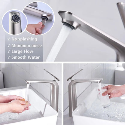 For Vessel Sink, Premium Brass Mixer Tap Brushed Nickel Bathroom Basin Single Handle Vanity Faucet 1 Hole, Modern