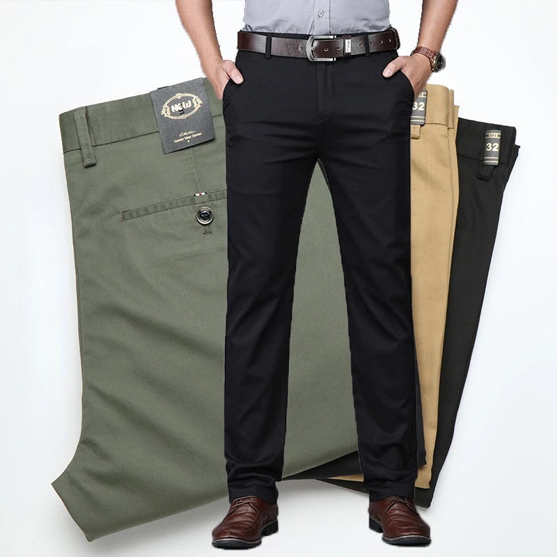 Spring Summer Cotton Casual Pants Mens Clothing Straight Business Green Black Khaki Trousers Male Brand 2022