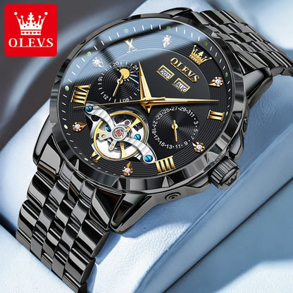 OLEVS 6691 Men's Luxury Automatic Mechanical Watch | Multi-Function Flywheel & Moon Phase | 3Bar Waterproof All Black United States