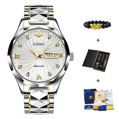 OUPINKE Men's Automatic Watch, Steel Strap, Waterproof, Dual Calendar, Business Watch gold white United States