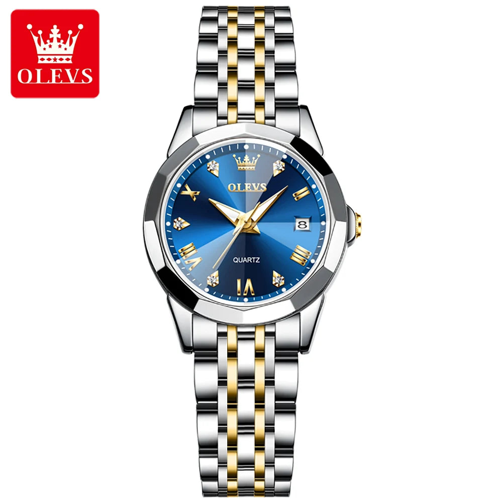 OLEVS 9931 Women’s Elegant Quartz Wristwatch | Stainless Steel Strap, Rhombus Mirror, Waterproof & Luminous Ladies Watch Gold Blue CN