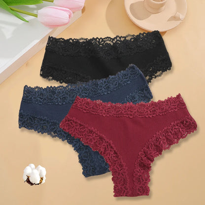 3PCS/Set Women Cotton Seamless Panties Sexy Lace Brazilian Panties Low Rise Soft Breathable Lingerie for Female G-String Briefs Set 3 3pcs