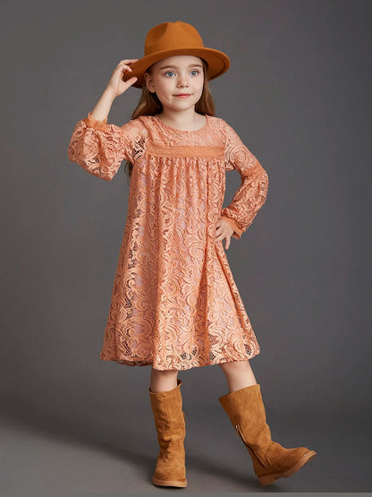 Girls Bohemian Lace Long Sleeve Dress | Elegant Pink & White Princess Party Dress for Kids (Ages 3-12) Dark Pink