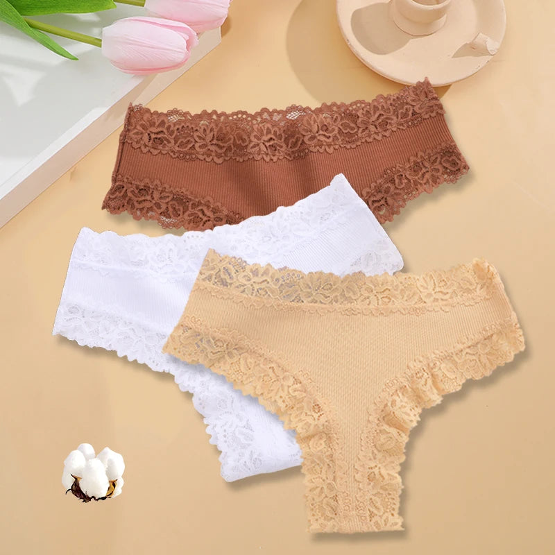 3PCS/Set Women Cotton Seamless Panties Sexy Lace Brazilian Panties Low Rise Soft Breathable Lingerie for Female G-String Briefs Set 15 3pcs