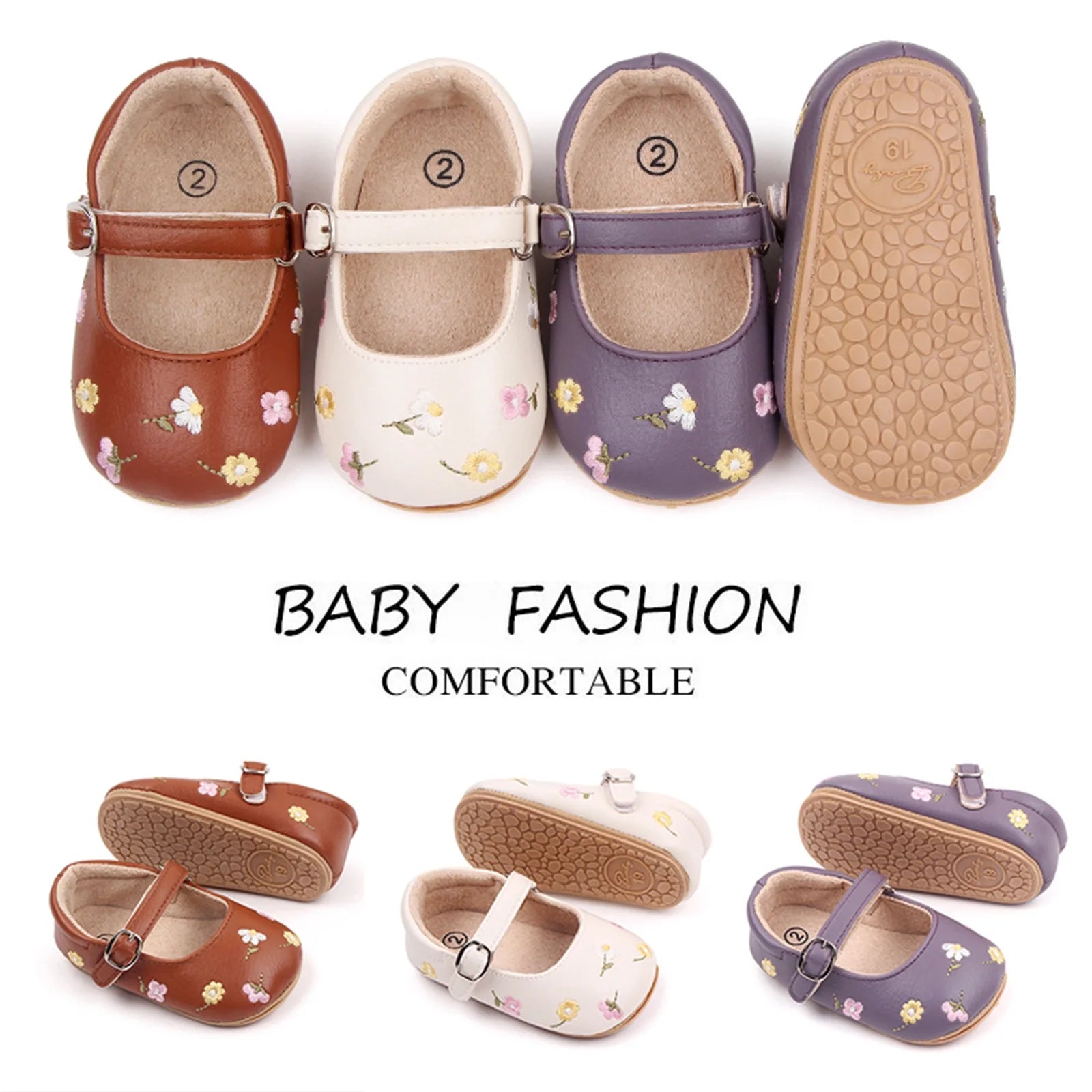 Baby Girls Mary Jane Flats PU Leather Infant Dress Shoes Floral Embroidery Princess Shoes 0-18M