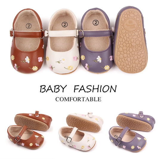 Baby Girls Mary Jane Flats PU Leather Infant Dress Shoes Floral Embroidery Princess Shoes 0-18M