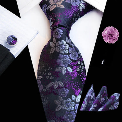 Floral Pink Silk Tie Set for Men – Wedding & Party Neck Tie with Handkerchief, Brooch, and Cufflinks TZ-MF14