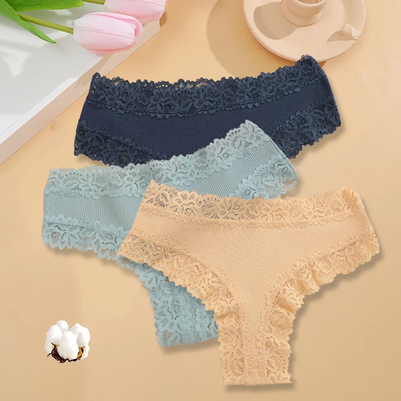 3PCS/Set Women Cotton Seamless Panties Sexy Lace Brazilian Panties Low Rise Soft Breathable Lingerie for Female G-String Briefs Set 12 3pcs