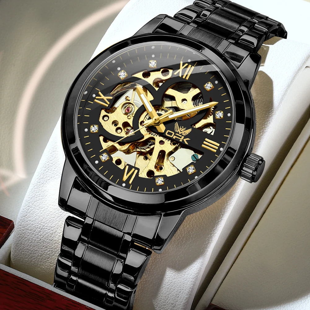 OPK Brand Original Luxury Men's Watches Stainless Steel Strap Mechanical Watch Waterproof Luminous Butterfly Button Hollow Out all black United States