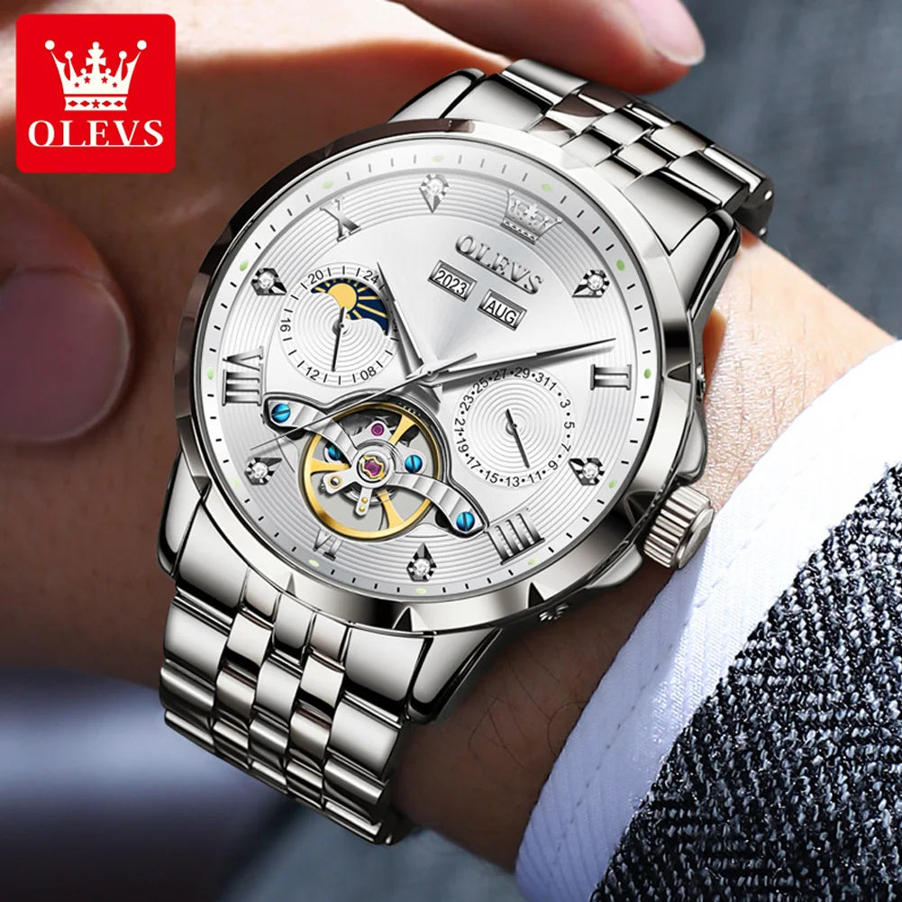 OLEVS 6691 Men's Luxury Automatic Mechanical Watch | Multi-Function Flywheel & Moon Phase | 3Bar Waterproof