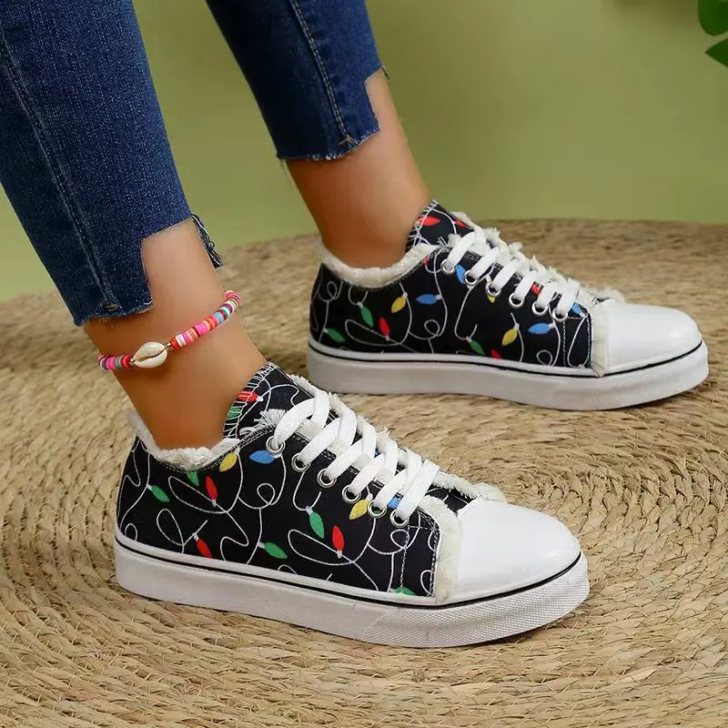 Women's Spring Cartoon Graffiti Casual Canvas Shoes - Fashion Lace-Up Round Toe Lightweight Sneakers