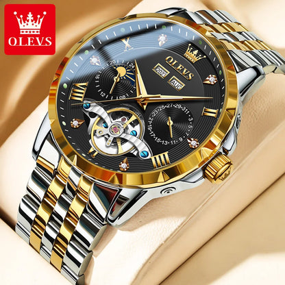 OLEVS 6691 Men's Luxury Automatic Mechanical Watch | Multi-Function Flywheel & Moon Phase | 3Bar Waterproof Gold Black United States