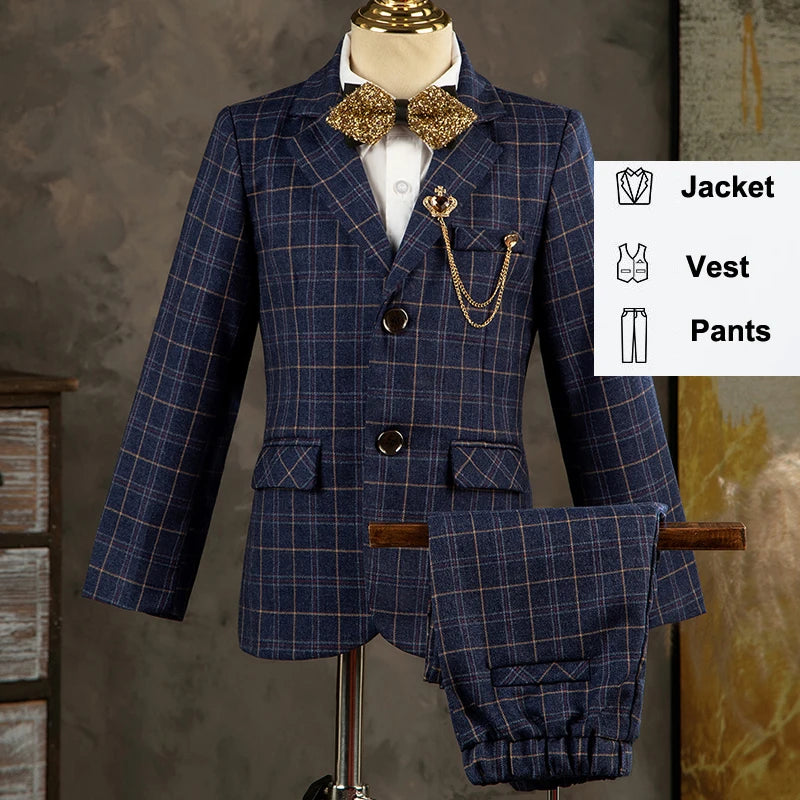 Children's High-End Plaid Suit Set - British Style Boys Formal Blazer, Vest, and Pants Outfit for Weddings, Catwalks, and Birthday Hosts jacket vest pants