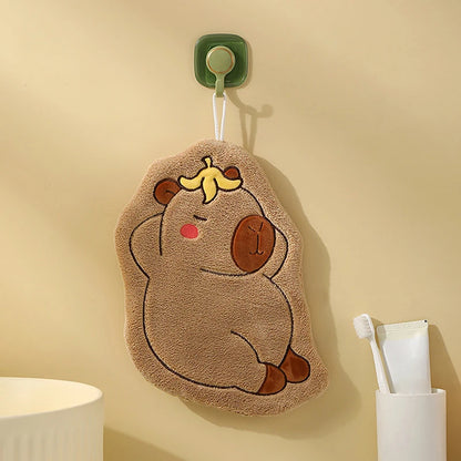 Cute Capybara Cartoon Hand Towel – Quick-Drying Coral Fleece Hanging Towel for Kitchen & Bathroom, Soft Face Washcloth Banana