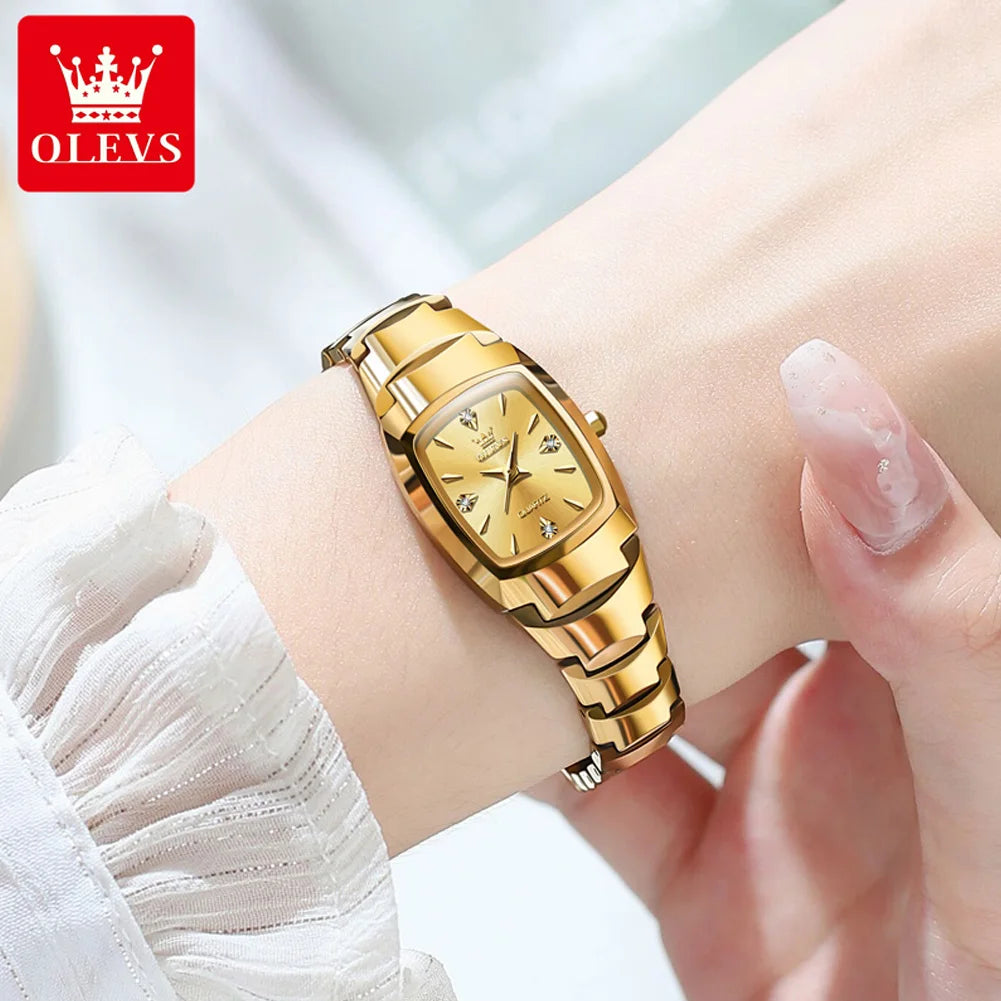 OLEVS Tonneau Tungsten Steel Women's Watch | Luxury Gold Quartz Watch, Waterproof, Luminous Hands