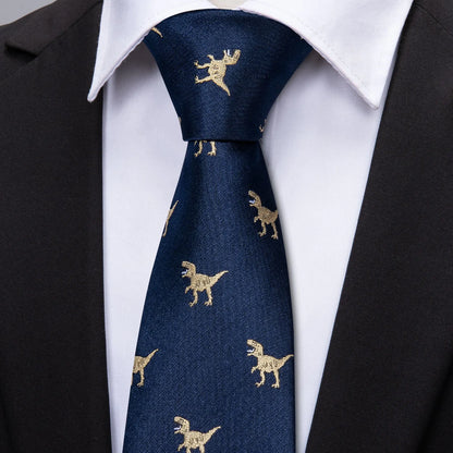 Men's Navy Gold Dinosaur Pattern Necktie Set | 8.5cm Silk Tie for Wedding & Business | Barry.Wang FA-5191