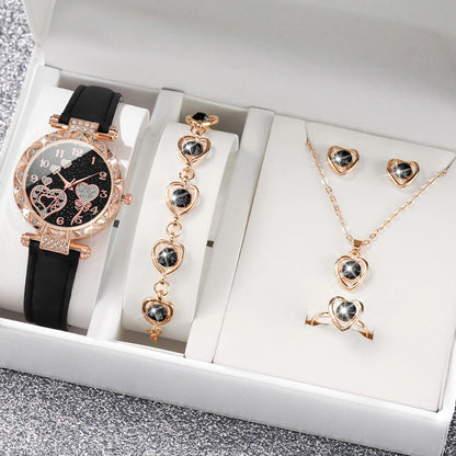 5-Piece Rhinestone Heart Women’s Watch & Jewelry Set - Leather Band Quartz Watch