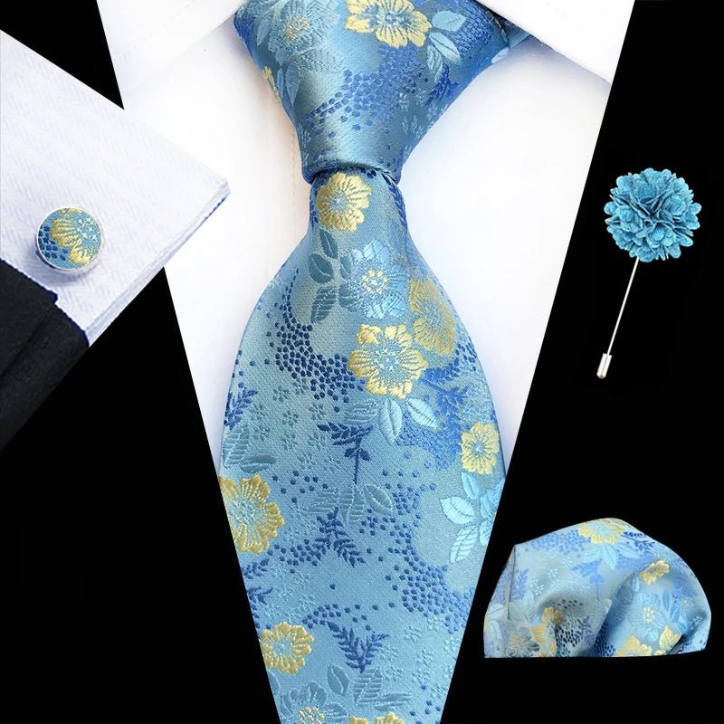 Floral Pink Silk Tie Set for Men – Wedding & Party Neck Tie with Handkerchief, Brooch, and Cufflinks TZ-MF05