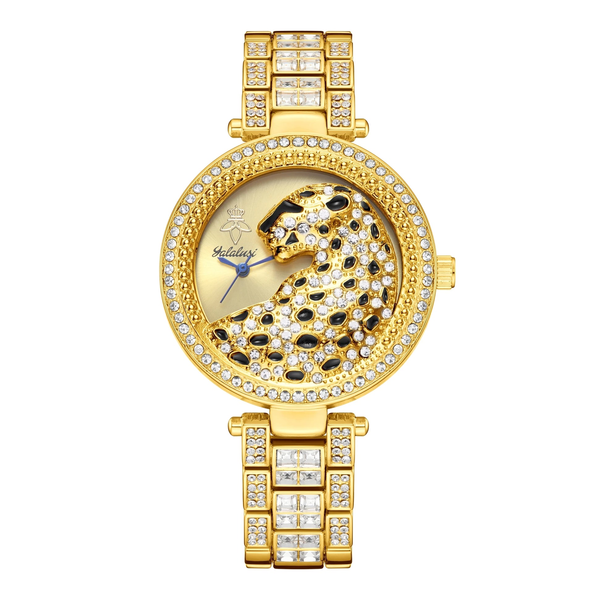 Yalalusi 2024 Women’s Luxury Watch – Gold with Crystal Diamonds & Leopard Box – Real Gold Plating & Watch Remover – Elegant Gift for Her Gold Gold