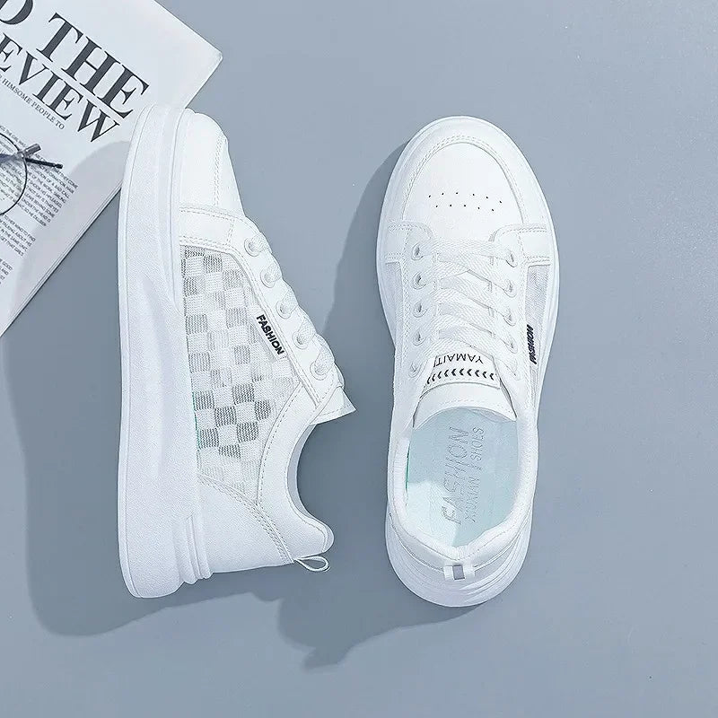 Women's Summer 2023 Fashion Casual White Sneakers | Breathable Mesh Platform Flats with Lace Detail