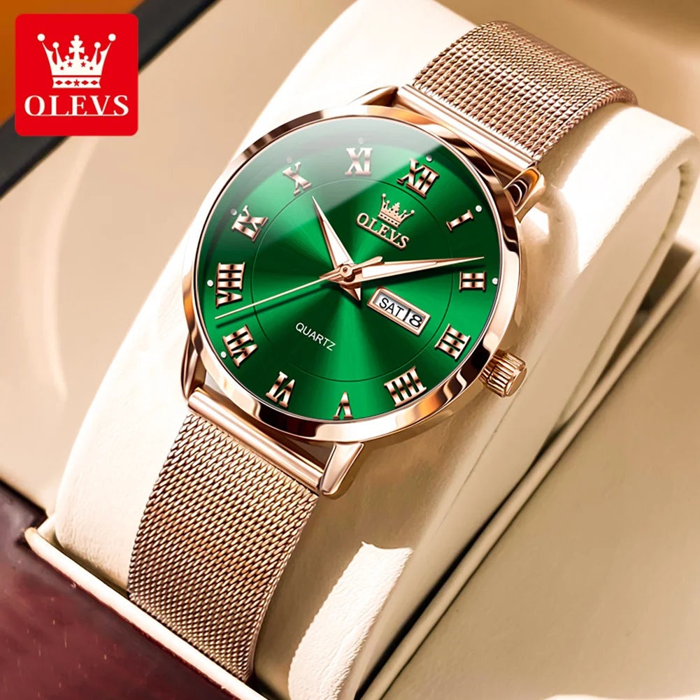 OLEVS Luxury Women's Quartz Watch | Week Calendar, Waterproof, Luminous, Milanese Mesh Belt green CHINA