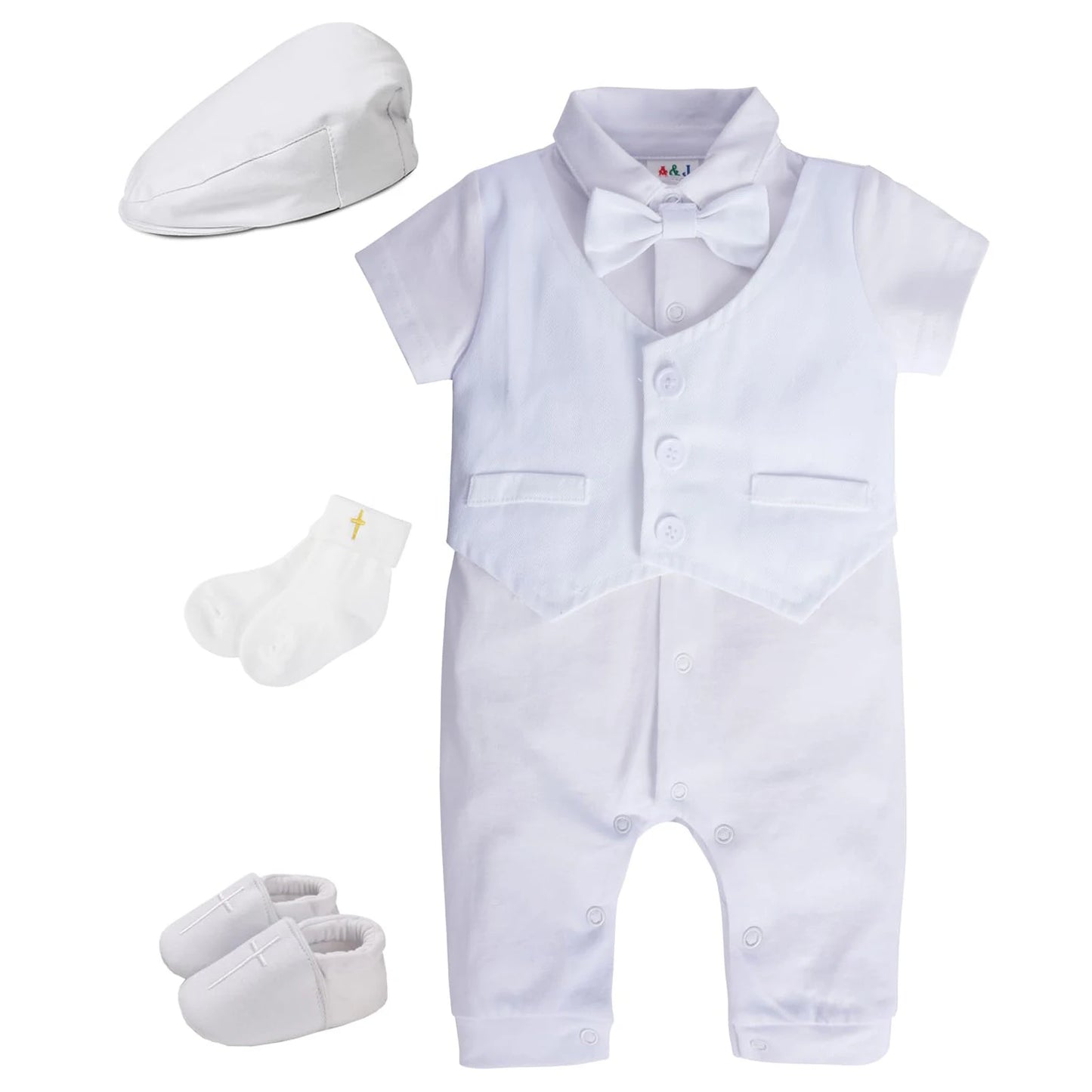 Baby Boys Christening Outfits Baptism Newborn White One-Pieces Short Sleeve Summer Clothes Shower Gift with Beret Hat Dark Grey