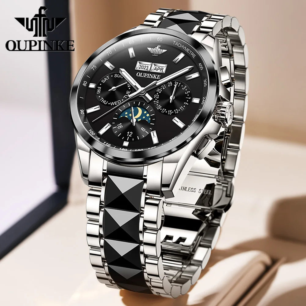 OUPINKE Luxury Automatic Watch for Men - High-quality Waterproof Mechanical Wristwatch Silver-Black