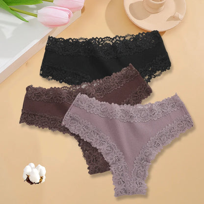 3PCS/Set Women Cotton Seamless Panties Sexy Lace Brazilian Panties Low Rise Soft Breathable Lingerie for Female G-String Briefs Set 8 3pcs