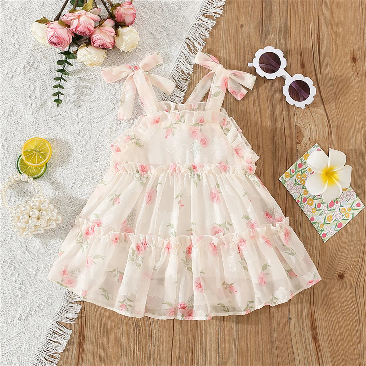 Summer Girls' Dress Strap Chiffon Cool Beach Skirt Beautiful Fragmented Flower Ladies Fashion Bow Sleeveless Skirt