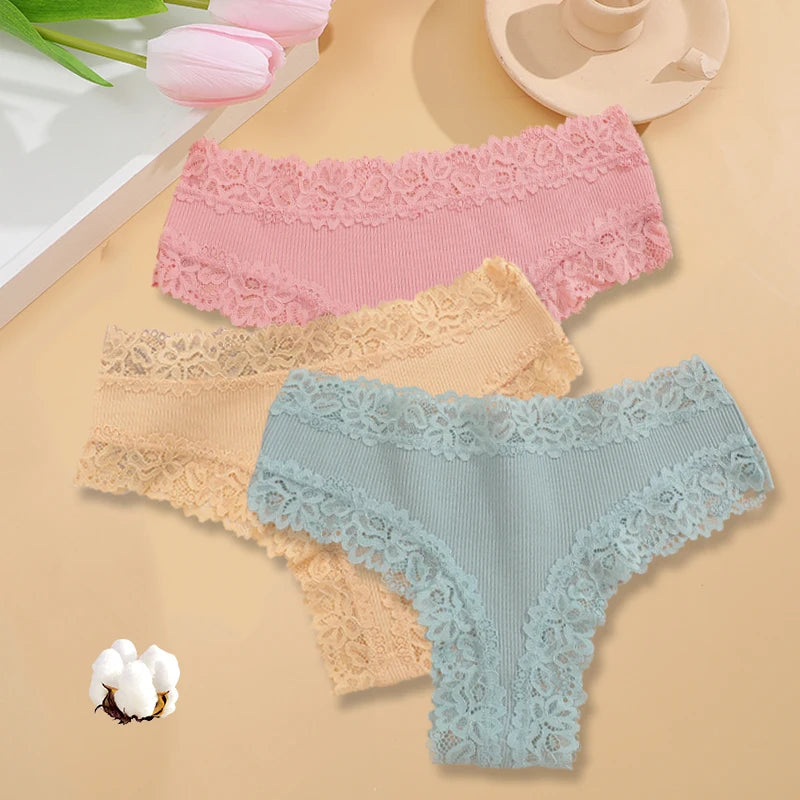 3PCS/Set Women Cotton Seamless Panties Sexy Lace Brazilian Panties Low Rise Soft Breathable Lingerie for Female G-String Briefs Set 13 3pcs