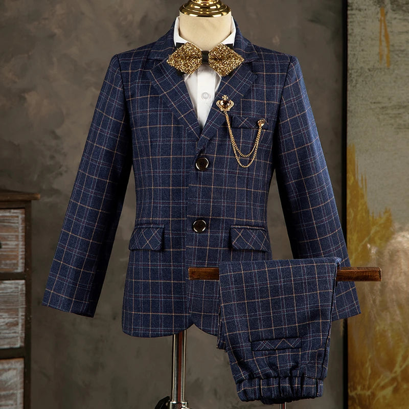 Children's High-End Plaid Suit Set - British Style Boys Formal Blazer, Vest, and Pants Outfit for Weddings, Catwalks, and Birthday Hosts