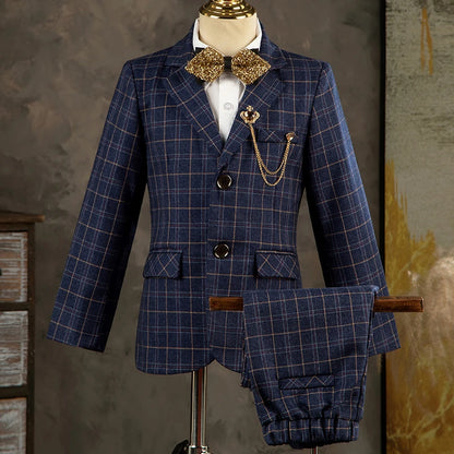 Children's High-End Plaid Suit Set - British Style Boys Formal Blazer, Vest, and Pants Outfit for Weddings, Catwalks, and Birthday Hosts