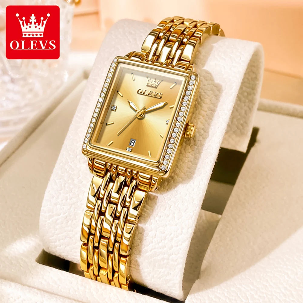 OLEVS 9995 Women's Luxury Diamond Wristwatch | Elegant Stainless Steel Square Watch with Waterproof and Luminous Features Gold