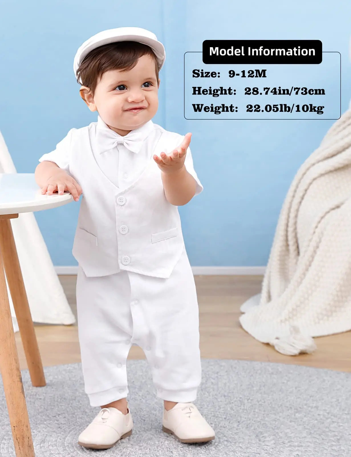 Baby Boys Christening Outfits Baptism Newborn White One-Pieces Short Sleeve Summer Clothes Shower Gift with Beret Hat