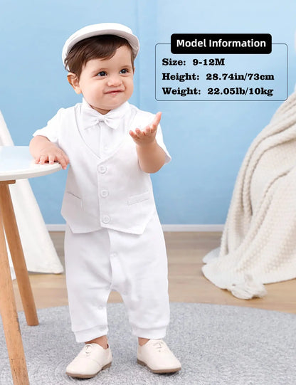 Baby Boys Christening Outfits Baptism Newborn White One-Pieces Short Sleeve Summer Clothes Shower Gift with Beret Hat