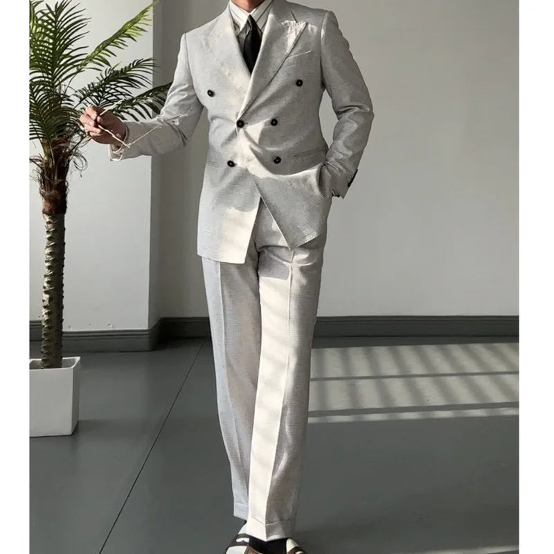 Double Breasted Suit 2 Pieces High Quality for Men Grey Suit