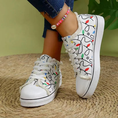 Women's Spring Cartoon Graffiti Casual Canvas Shoes - Fashion Lace-Up Round Toe Lightweight Sneakers