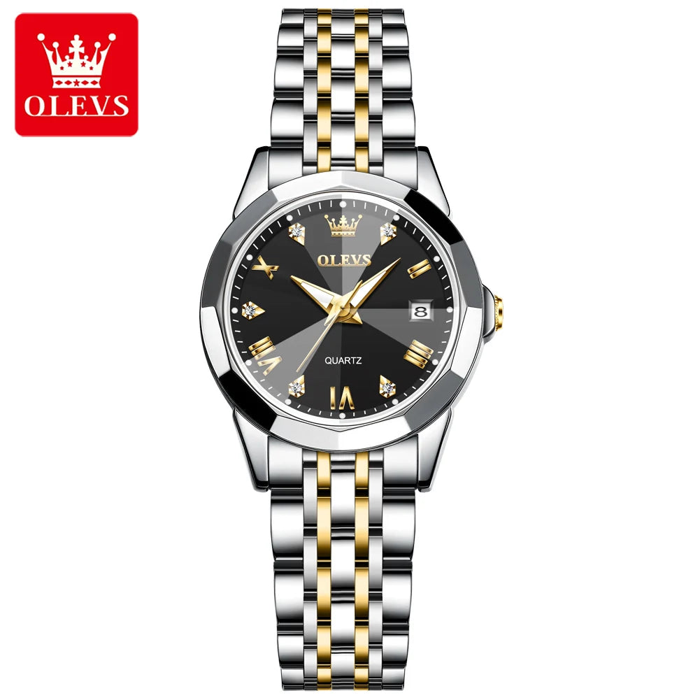 OLEVS 9931 Women’s Elegant Quartz Wristwatch | Stainless Steel Strap, Rhombus Mirror, Waterproof & Luminous Ladies Watch Gold Black CN