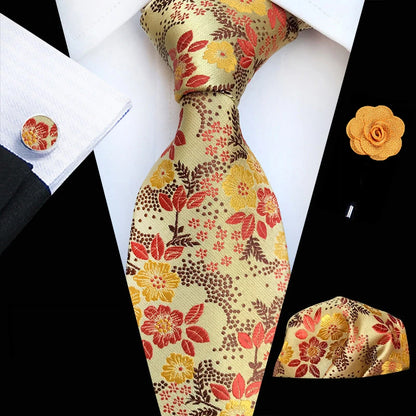 Floral Pink Silk Tie Set for Men – Wedding & Party Neck Tie with Handkerchief, Brooch, and Cufflinks TZ-MF07