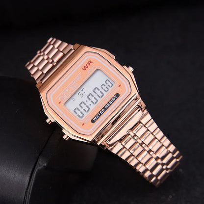 Luxury F91W Military Stainless Steel Band Watch | Waterproof Retro Digital Sports Watch for Men & Women 01-rose gold