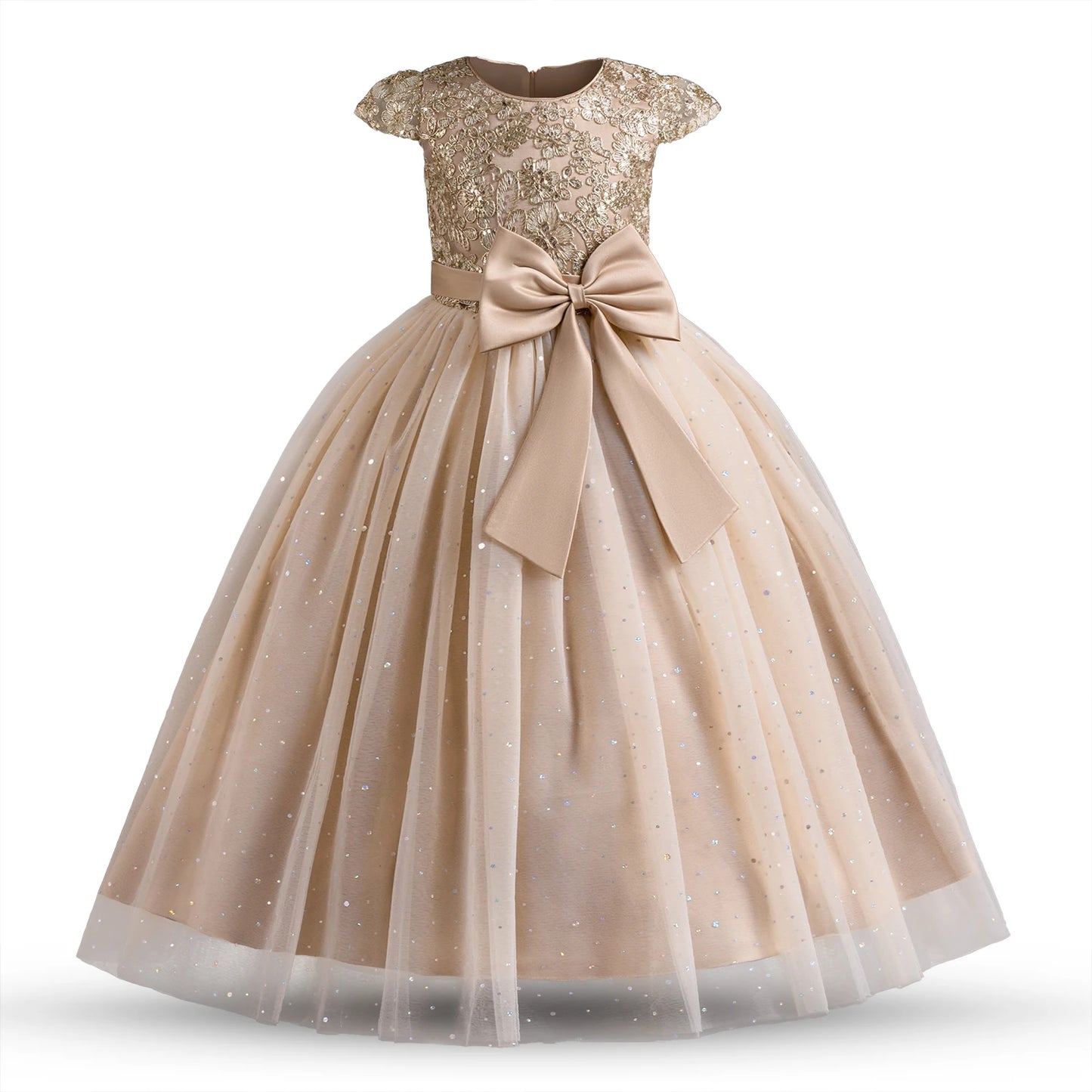 Elegant White Flower Girl Bridesmaid Dress for Girls | Mid-Calf Kids Party & Communion Ball Gown